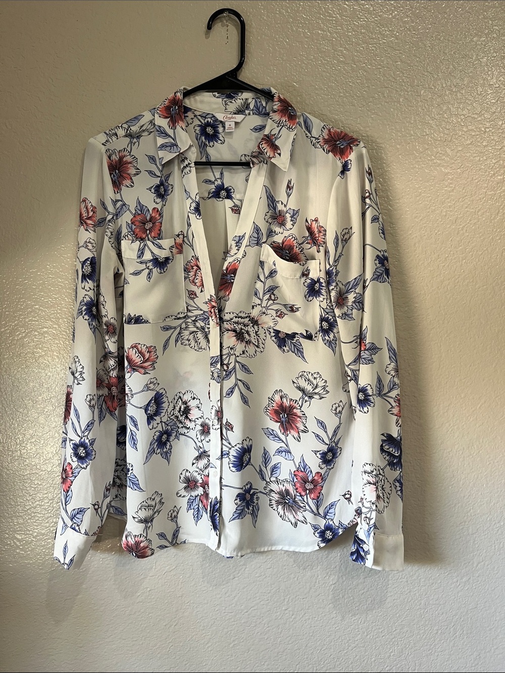 Candie's White Floral Button-Down Shirt with Blue & Pink Blooms Sz M Sheer Chic